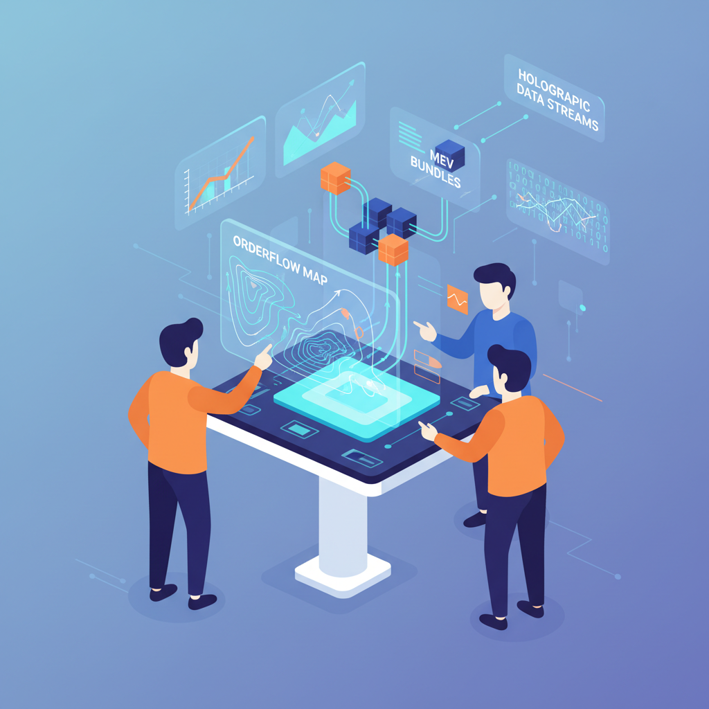 traders pooling holographic data streams, orderflow maps and MEV bundles on shared dashboard