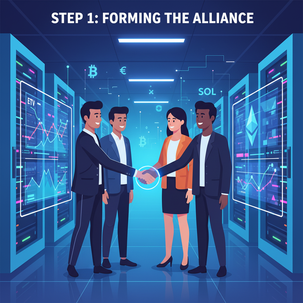 group of elite crypto traders shaking hands in neon-lit server room, Ethereum MEV charts glowing