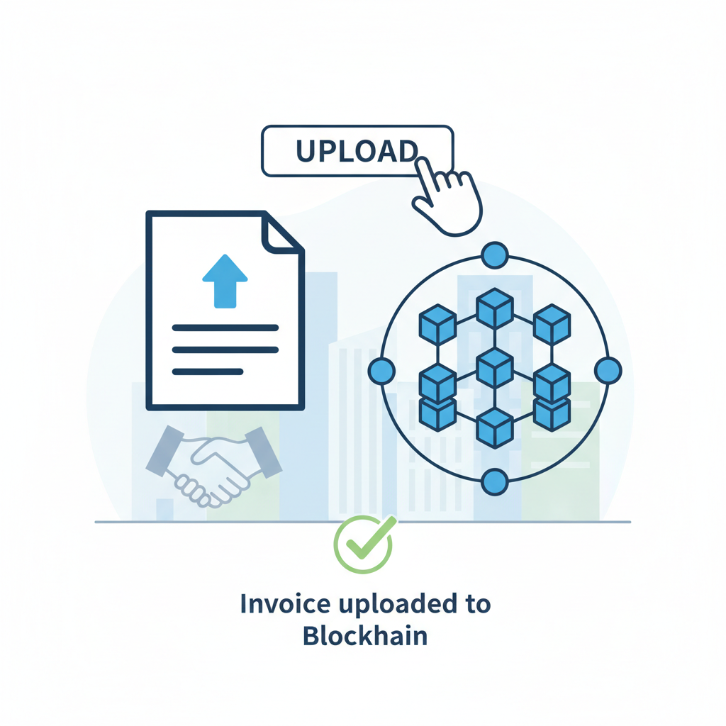 simple illustration of uploading invoice document to blockchain platform, professional B2B setting
