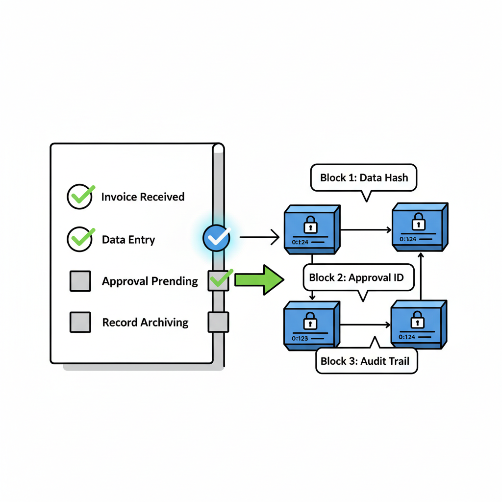 checkmark verification process on invoice checklist, blockchain audit trail