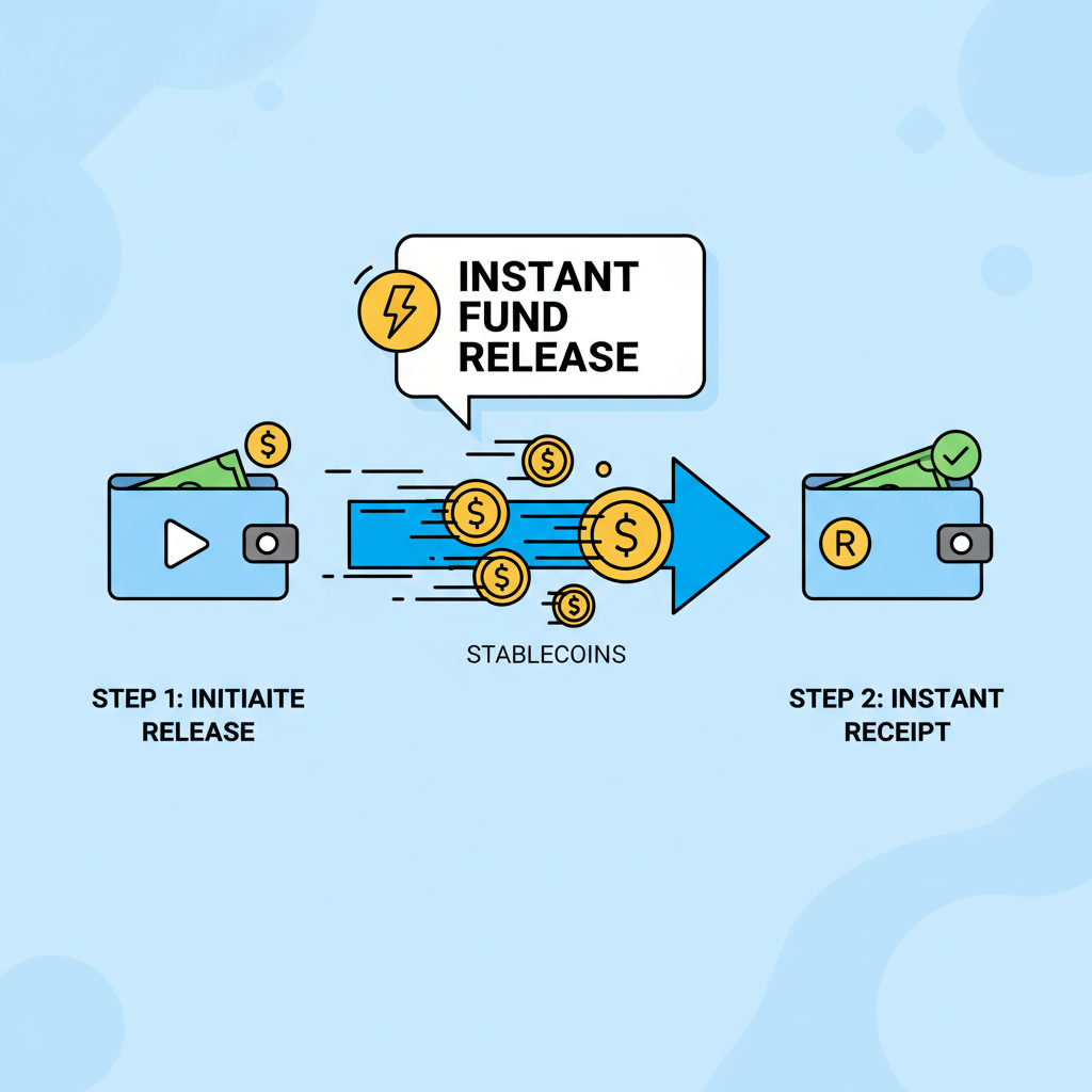 instant fund release animation, stablecoins flowing to recipient wallet
