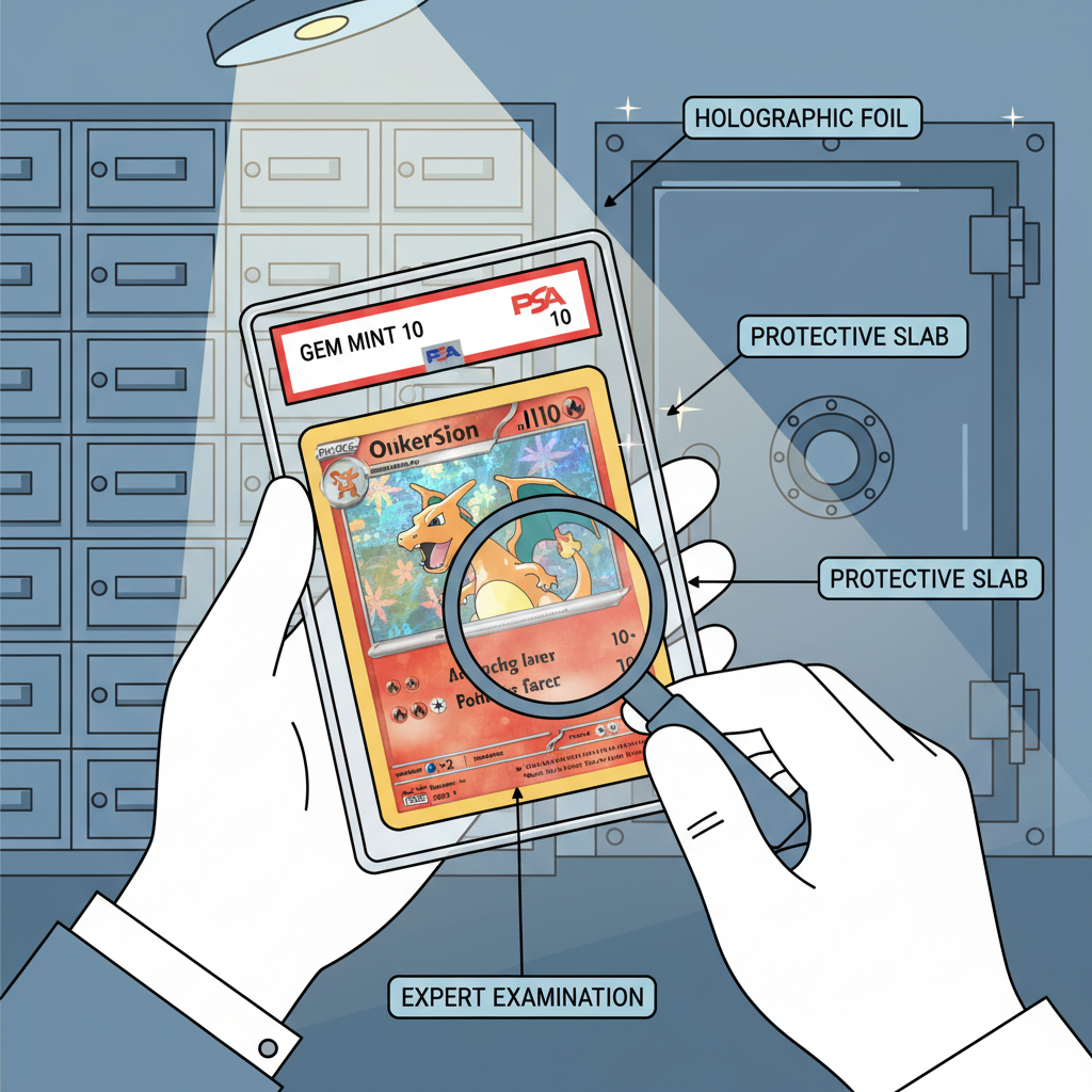 Professional grading a shiny Pokémon card in slab, close-up, high detail, vault background
