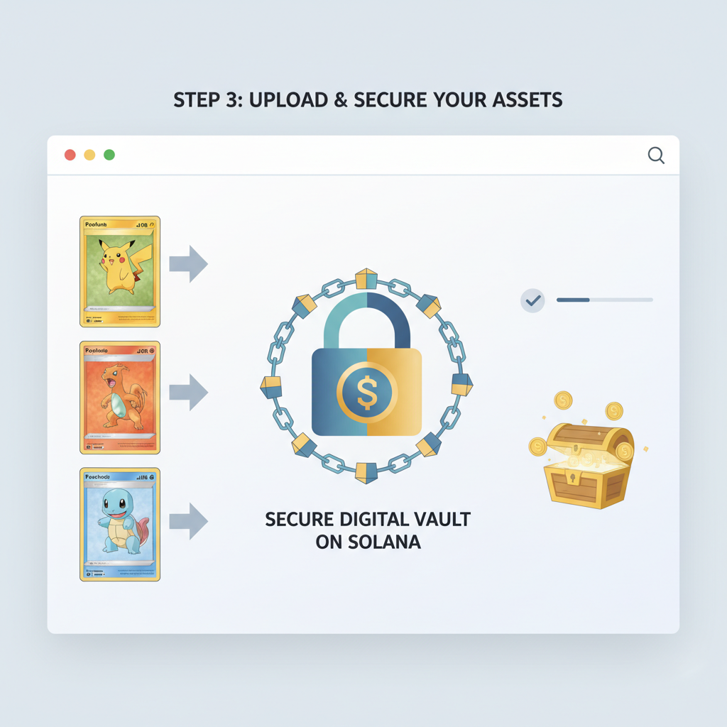 Uploading Pokémon card images to web dashboard, Solana blockchain elements, secure vault icon