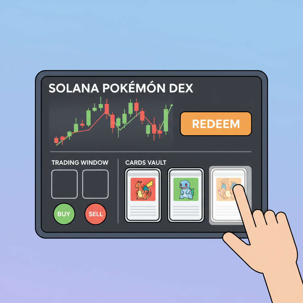 Trading Pokémon NFT on Solana DEX, price charts, redeem button, cards vault to hand