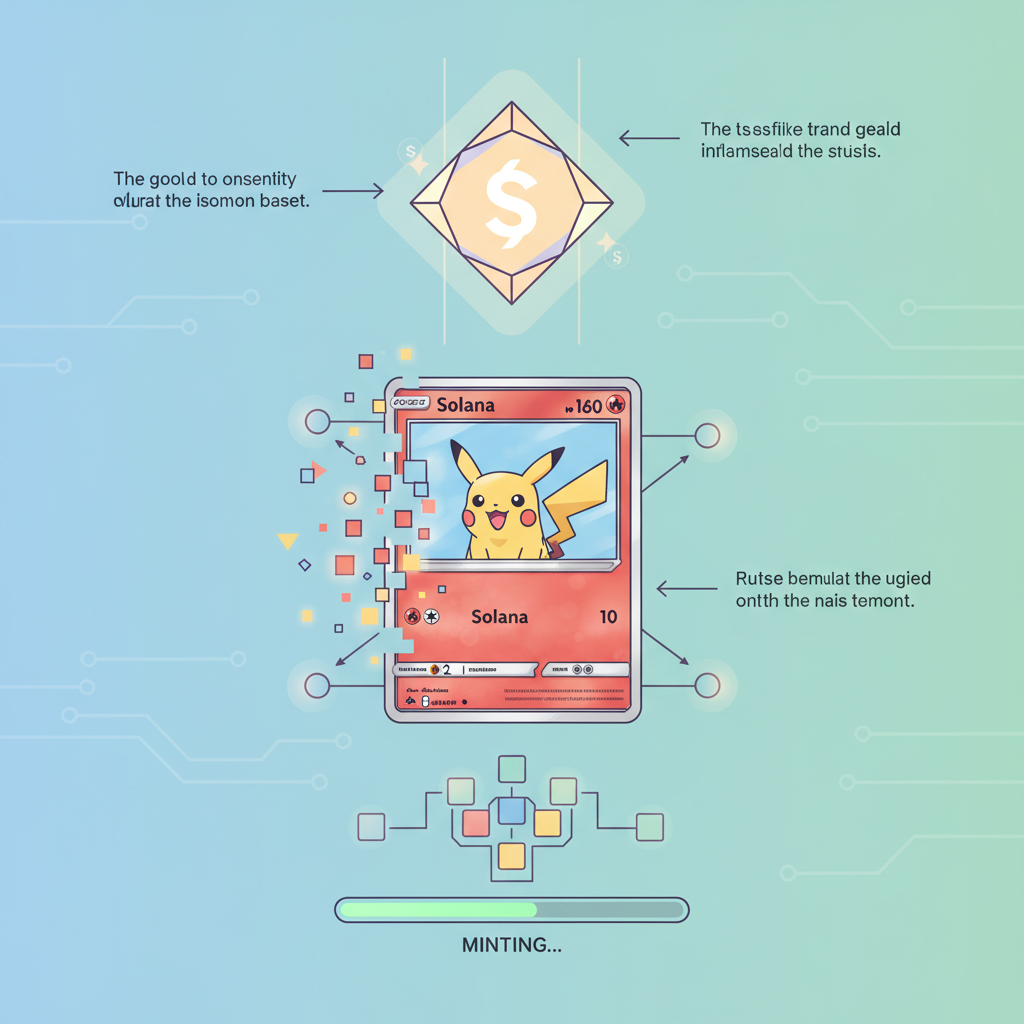 Pokémon card transforming into glowing Solana NFT, minting animation, blockchain nodes