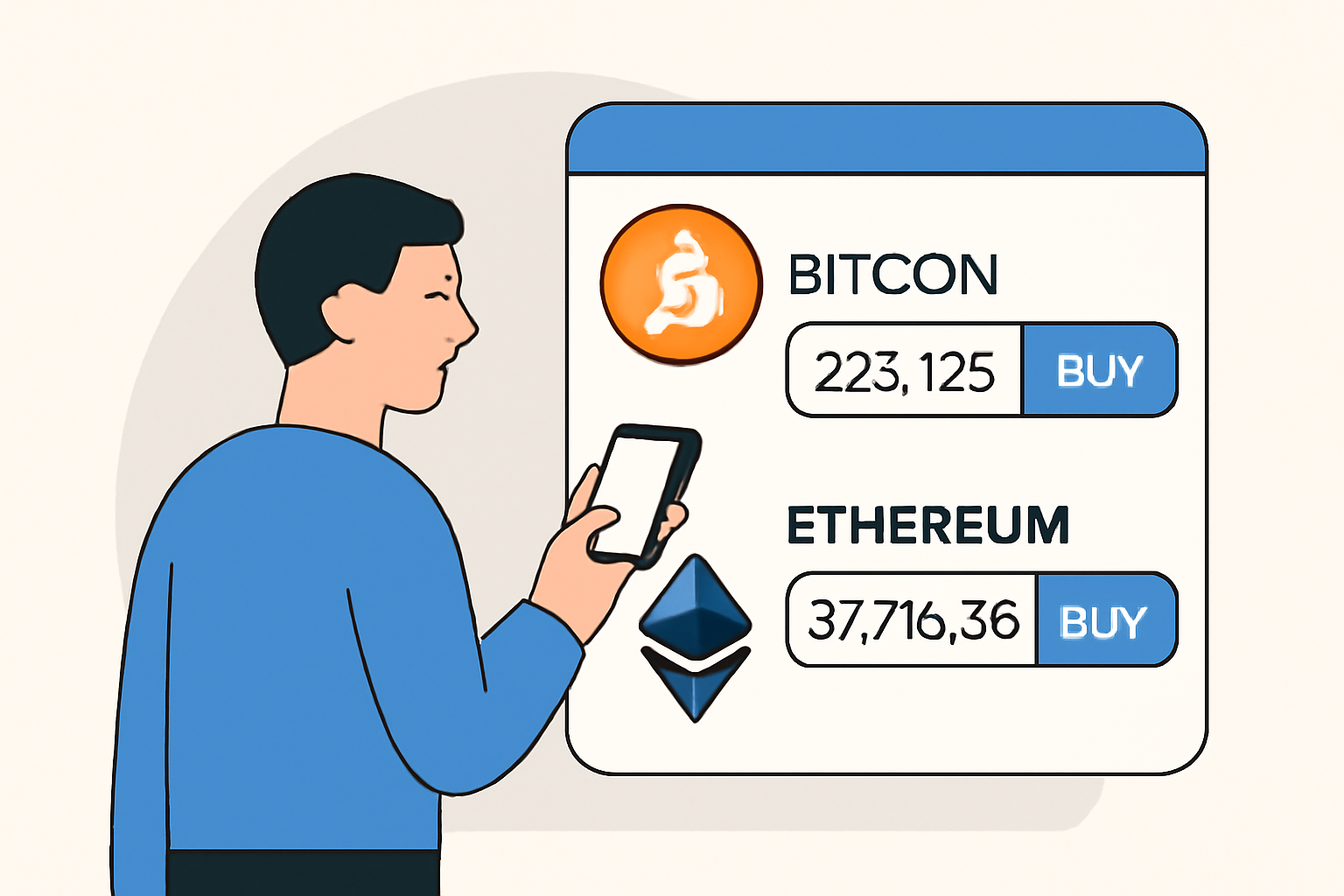 A user buying Bitcoin and Ethereum on a digital exchange, with price tags showing $126,125 for BTC and $4,716.39 for ETH.