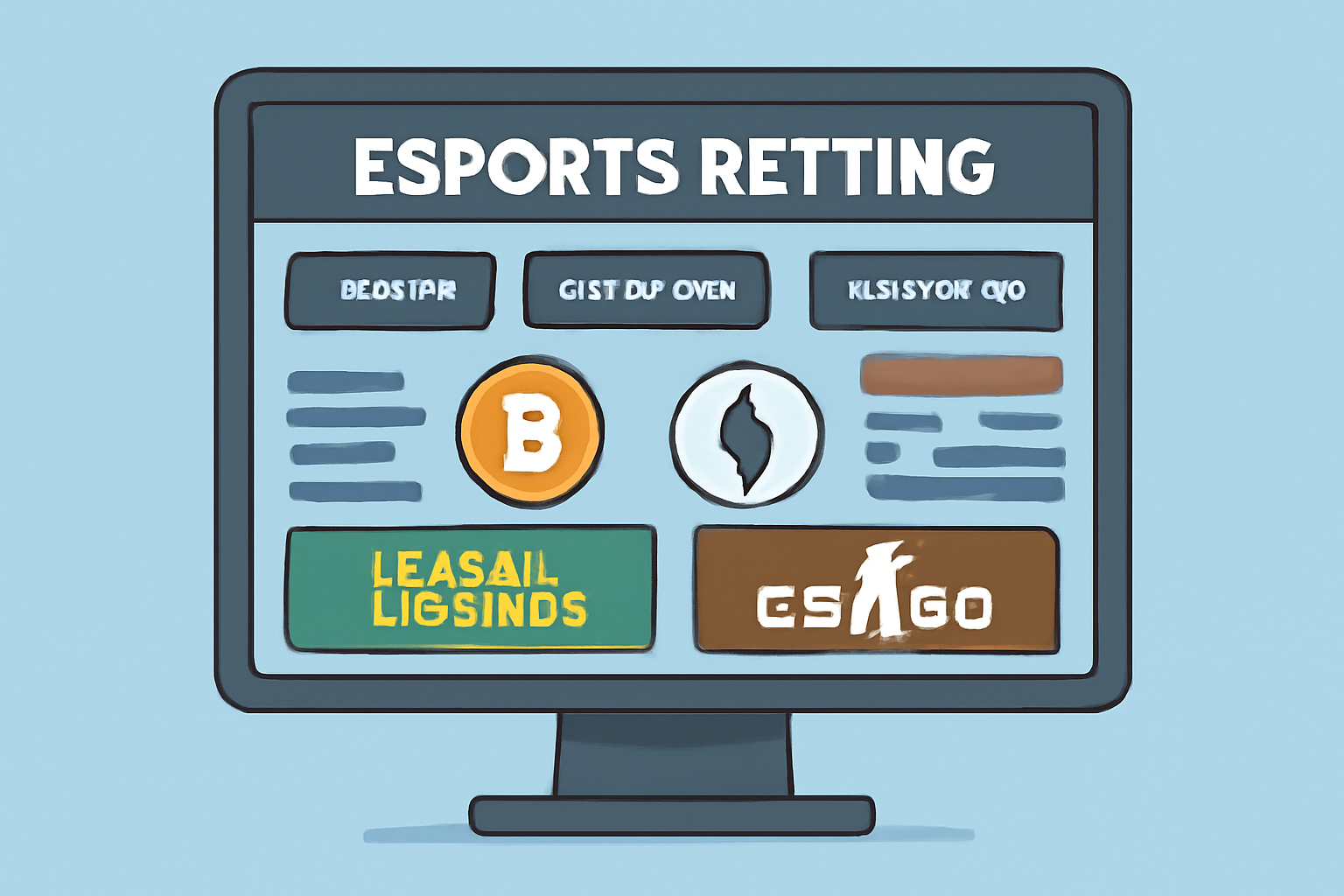 A sleek computer screen displaying several esports betting platforms, with Bitcoin and Ethereum logos, and popular games like League of Legends and CS:GO on the screen.