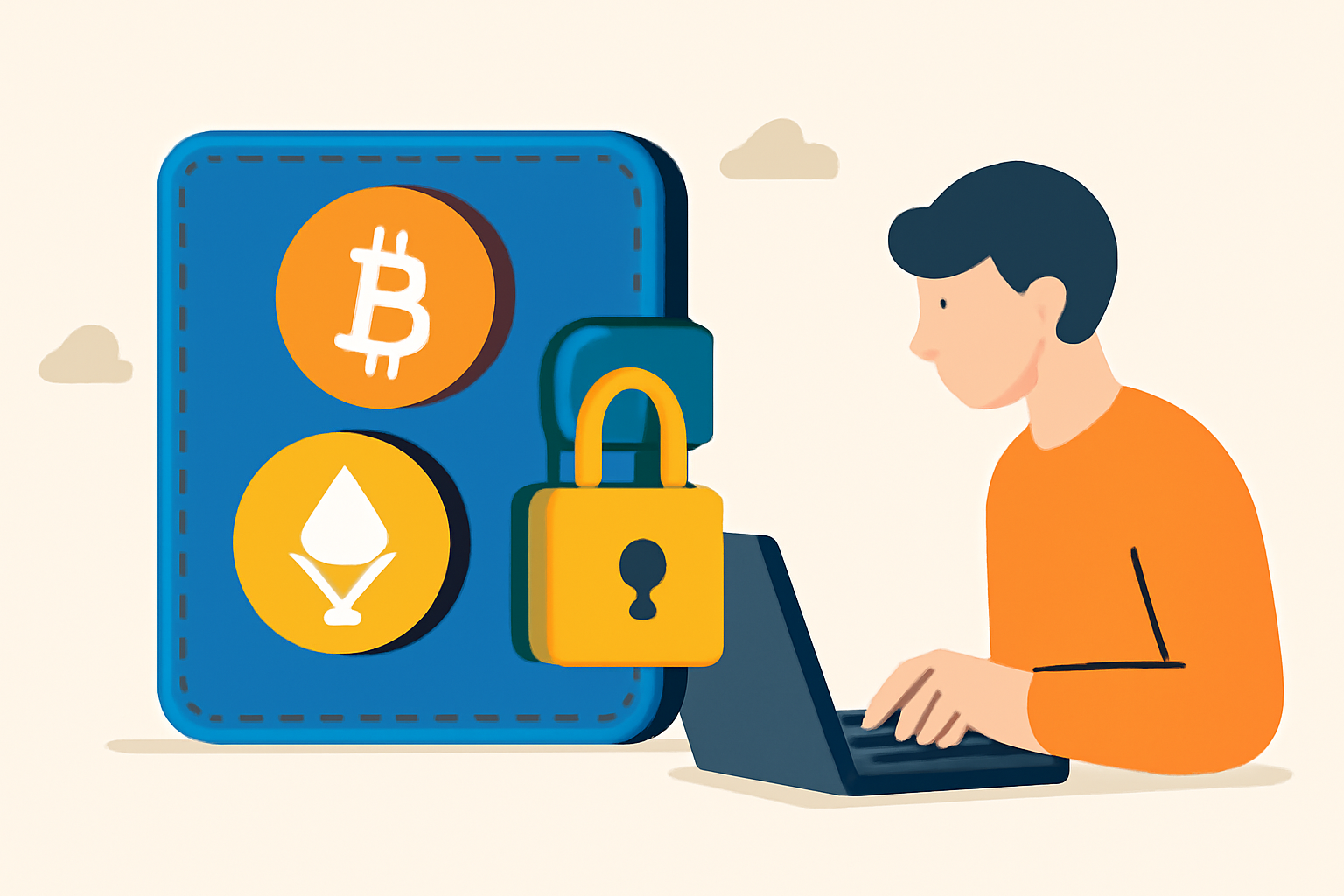 A digital wallet with Bitcoin and Ethereum symbols, secured with a lock, and a user setting it up on a laptop.