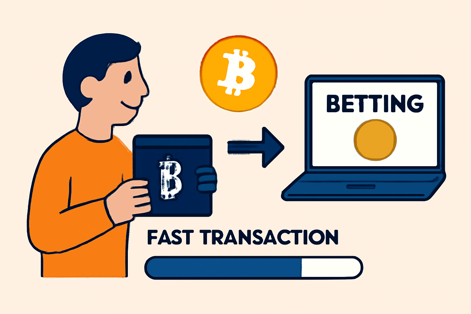 A person transferring Bitcoin from their wallet to a betting site, with a progress bar showing a fast transaction.