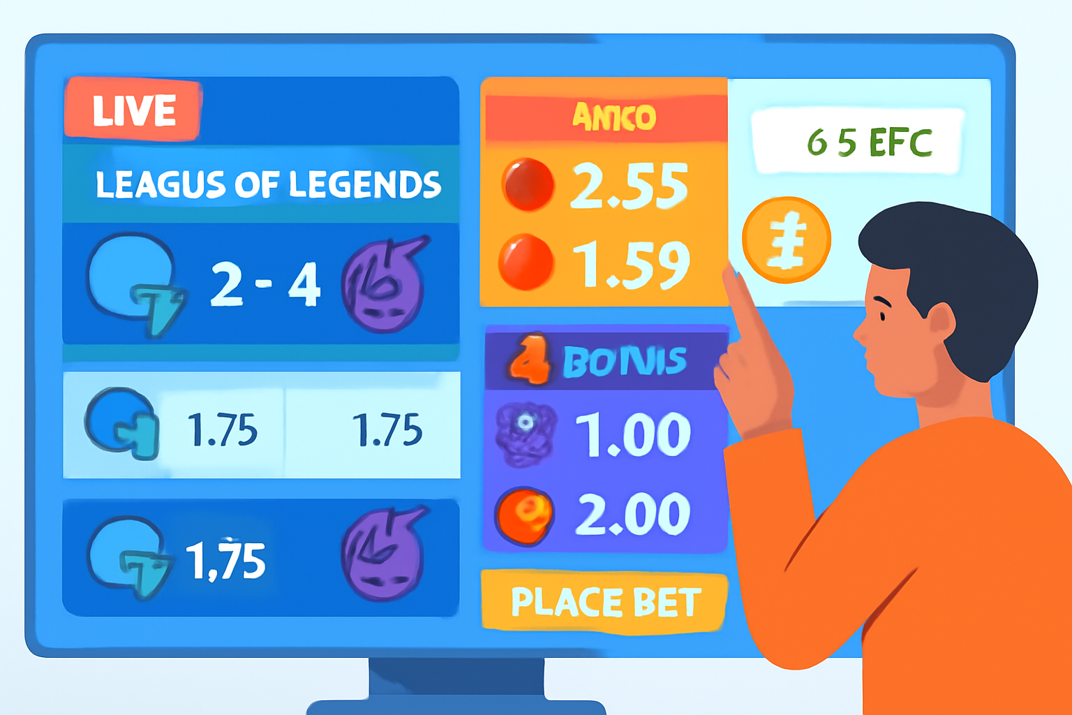 A vibrant dashboard showing live esports matches, odds, and a user placing a crypto bet on a League of Legends game.