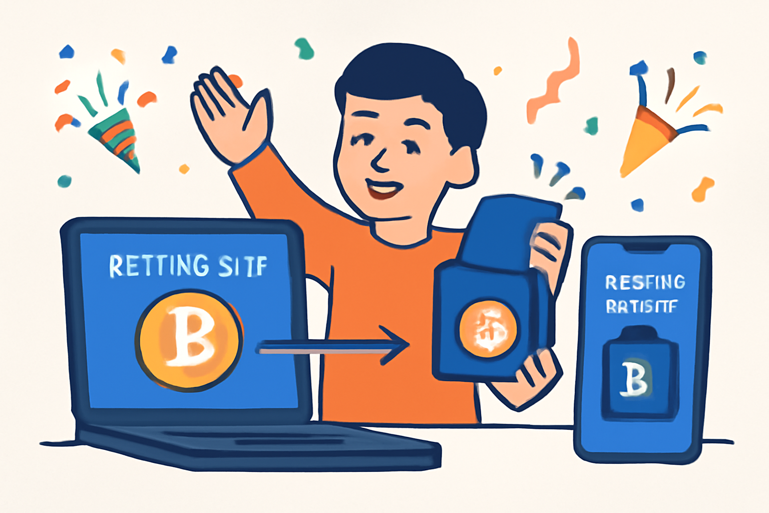 A user happily withdrawing Bitcoin winnings from a betting site to their secure wallet, with confetti and celebration icons.