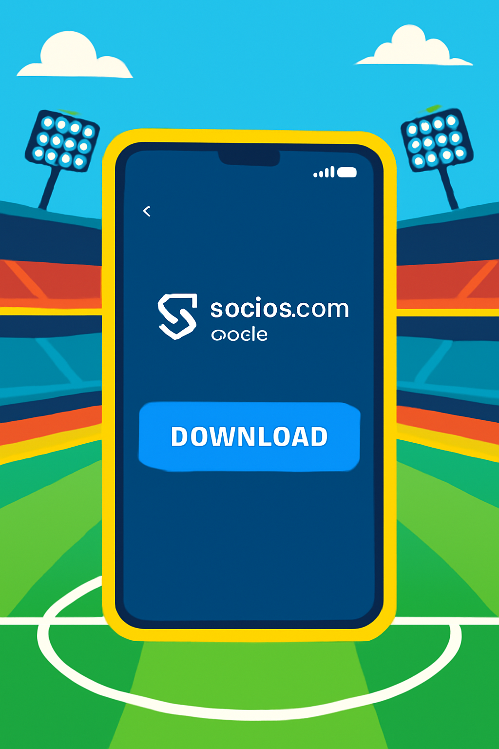 vibrant mobile phone screen showing Socios.com wallet app download, football stadium background, energetic colors