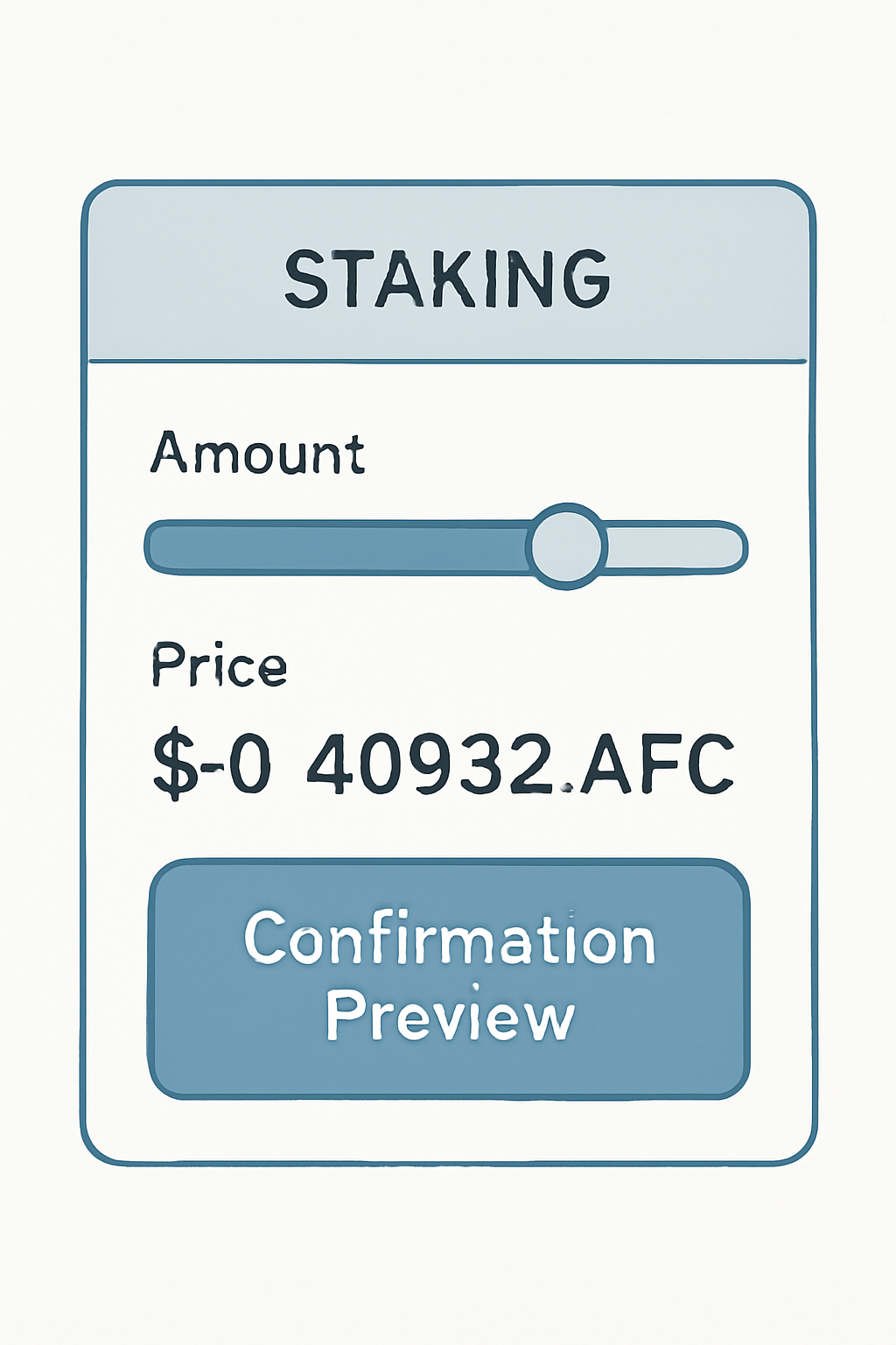 staking input screen with amount slider, price display $0.40932 AFC, confirmation preview