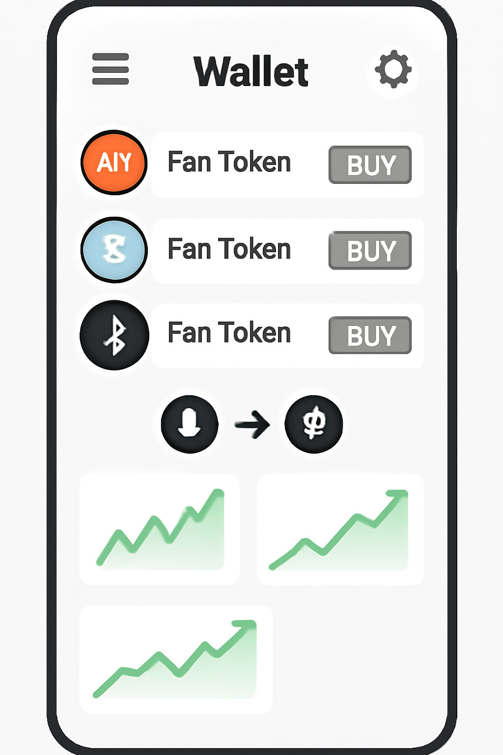 wallet app interface with fan token buy buttons for AFC CITY SPURS, crypto transfer icons, green price charts