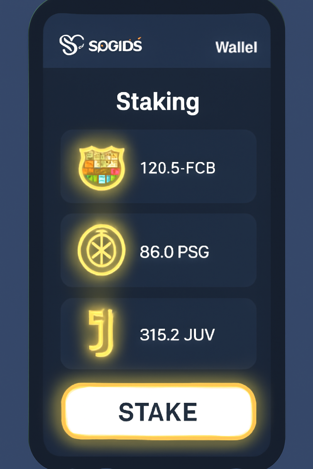 Socios wallet app staking dashboard, highlighted stake button, fan token icons glowing