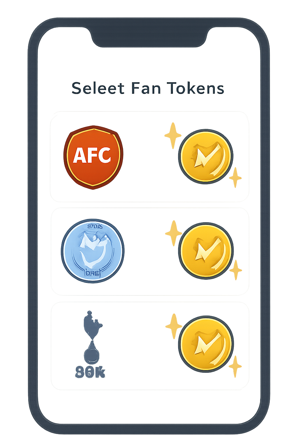 app screen selecting fan tokens AFC CITY SPURS, team logos, reward badges shining