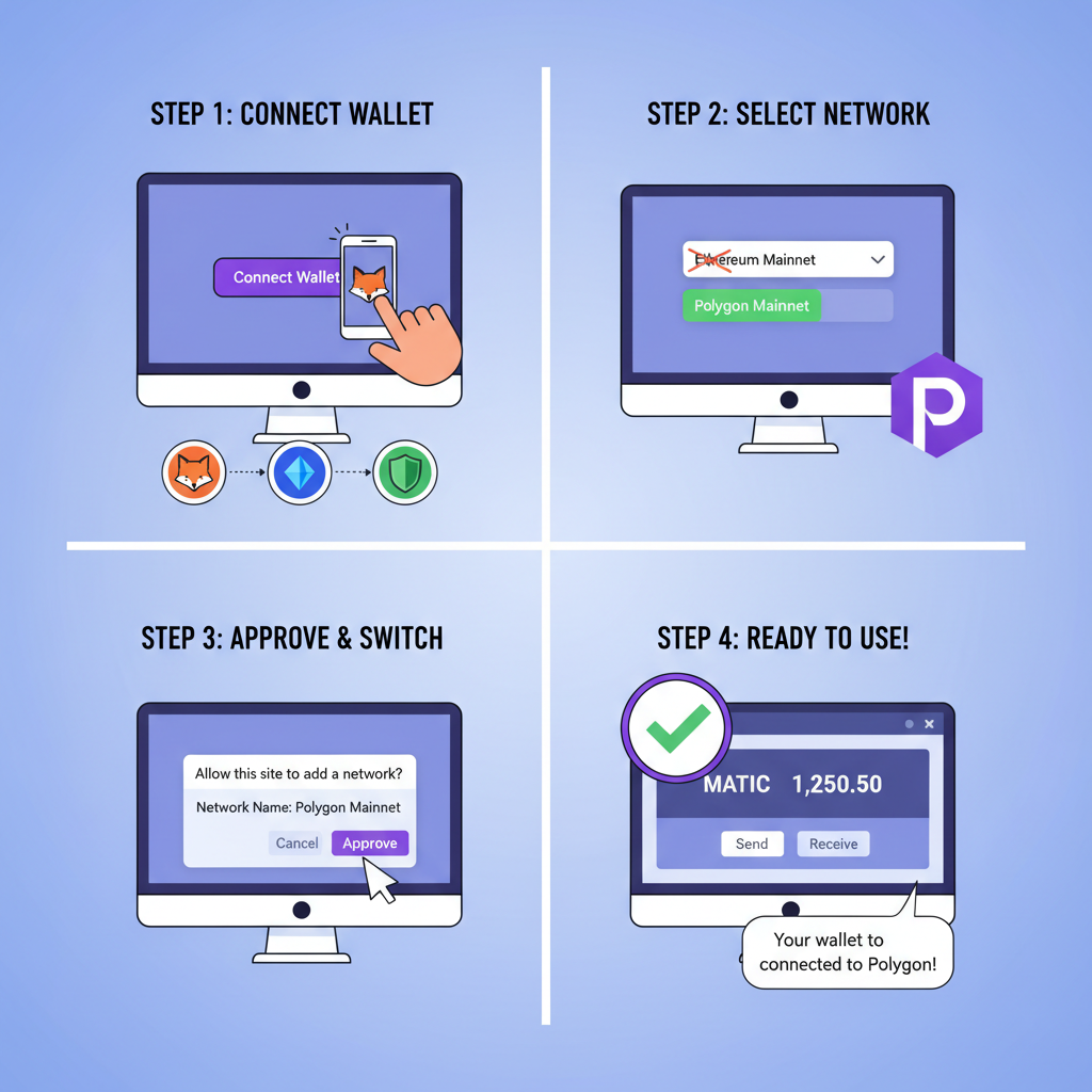 professional illustration of setting up crypto wallet on Polygon network dashboard