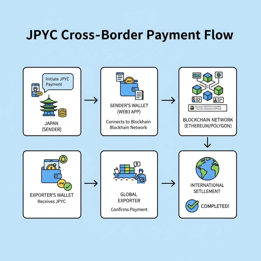 blockchain transaction flow of JPYC payment from Japan to exporter wallet