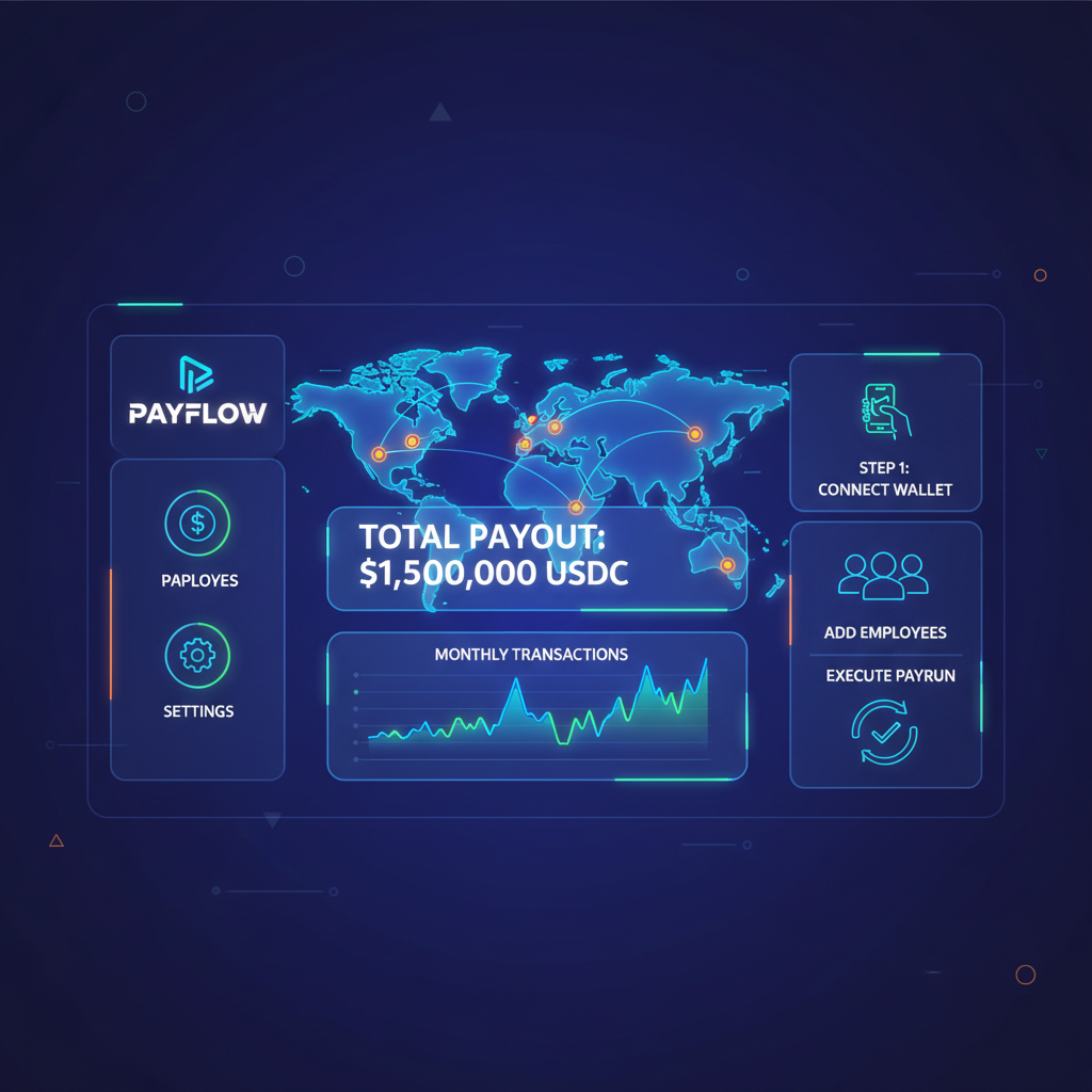 sleek USDC payroll platform dashboard, global map highlights, futuristic neon UI