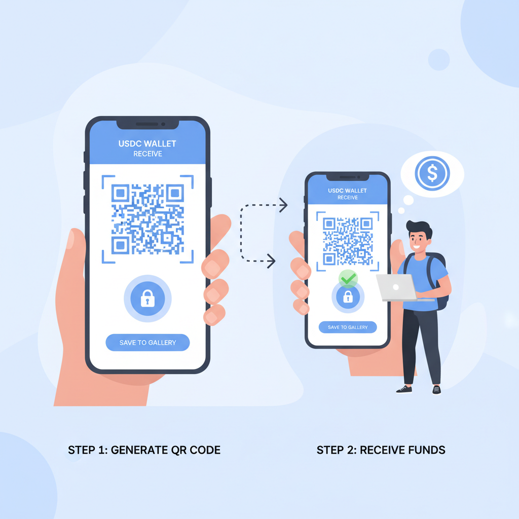 mobile app issuing USDC wallet QR code, secure vault icon, digital nomad receiving on phone