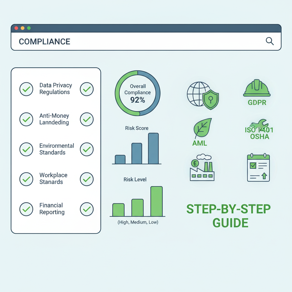 compliance dashboard with checklists, graphs, global regulatory icons, green checkmarks