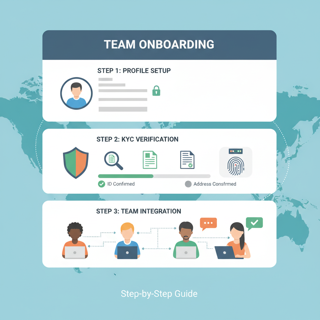 team onboarding screen with KYC checks, diverse remote workers on laptops, world map background