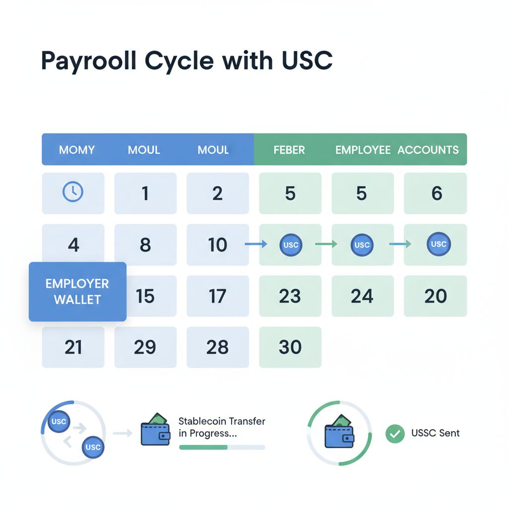 payroll calendar interface with USDC flows, clock icons, stablecoin transfer animations