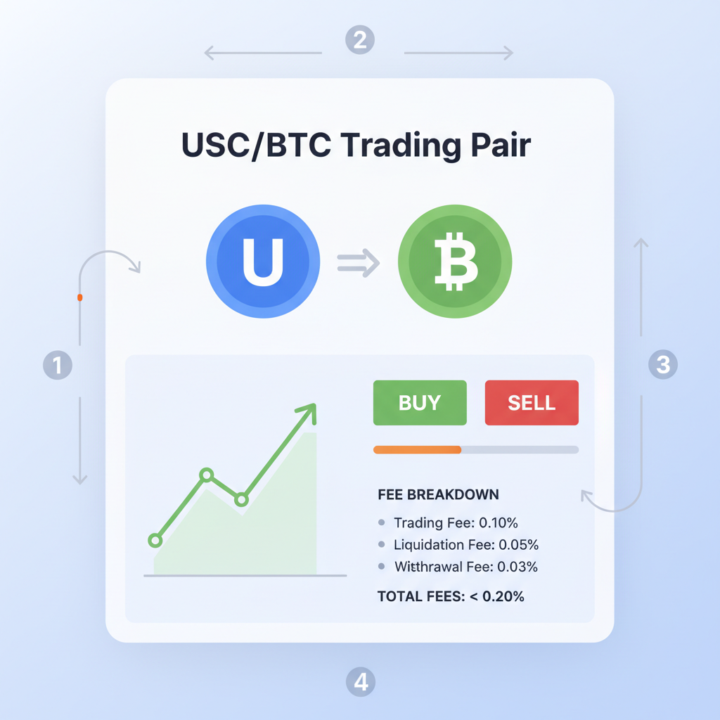 exchange dashboard highlighting USDC/BTC trading pair with fee breakdown under 0.2%