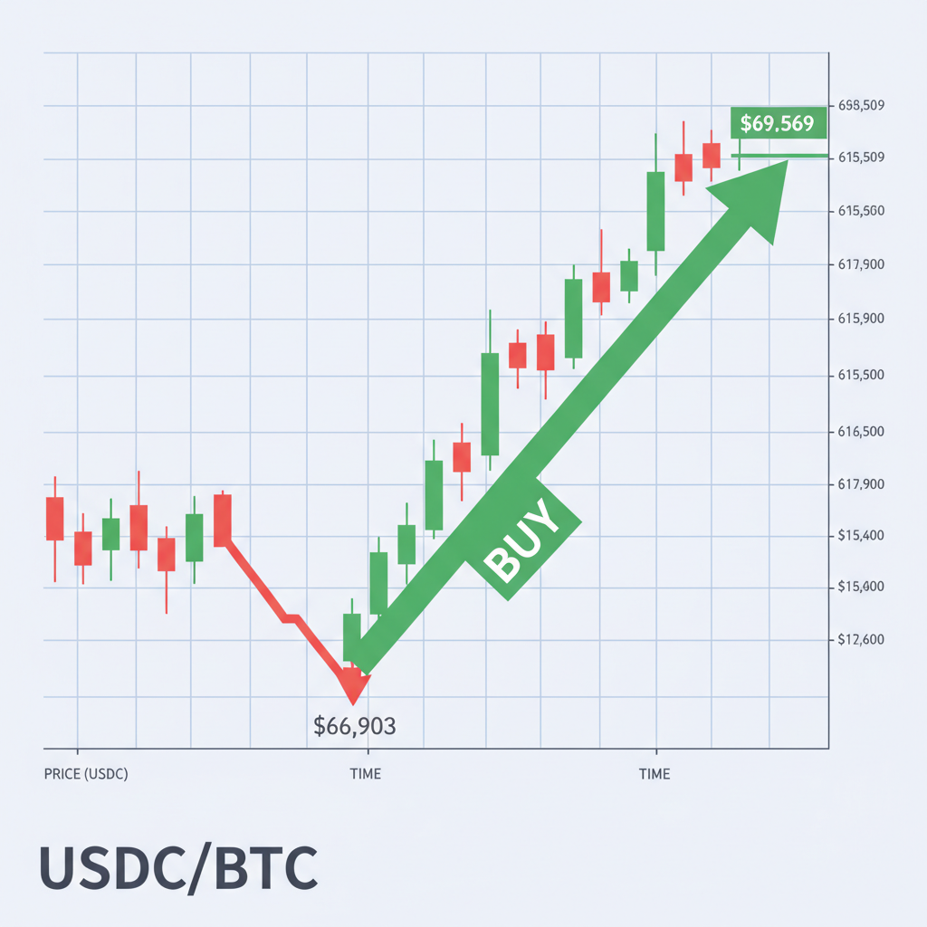 trading chart of USDC/BTC pair showing dip buy at $66,903 with green arrow up to $69,569