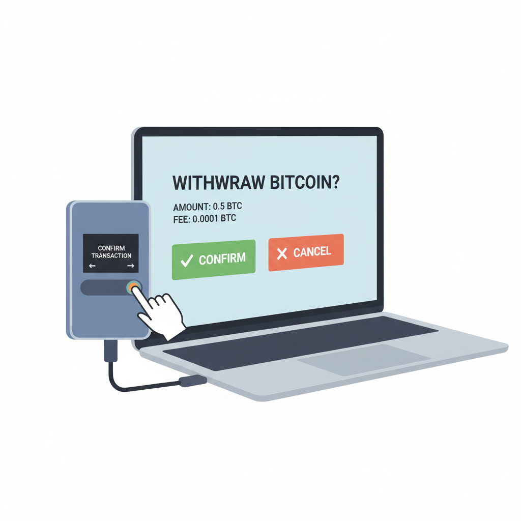 Ledger hardware wallet connected to computer withdrawing BTC with confirmation screen