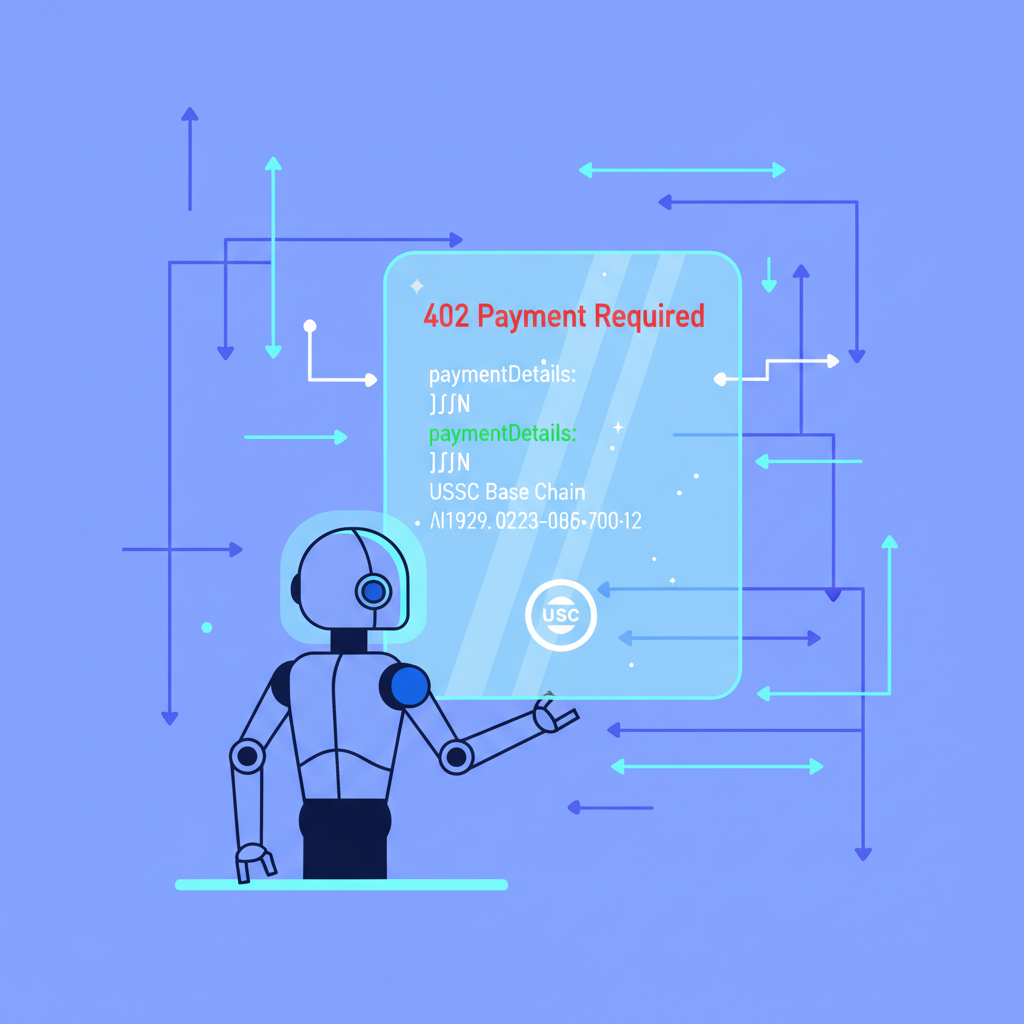 AI agent analyzing 402 HTTP response code parsing JSON payment details USDC Base chain holographic display