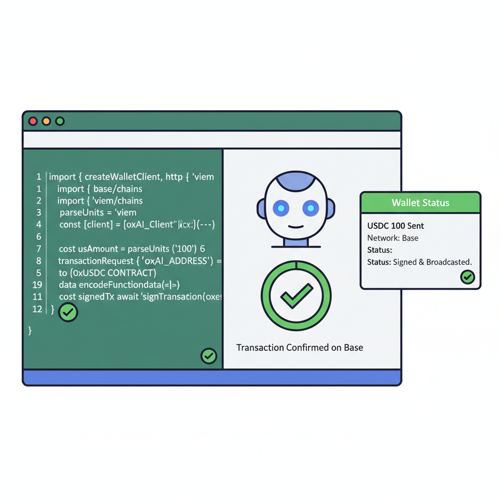 viem library code snippet signing USDC transaction on Base chain AI agent wallet interface green checkmark