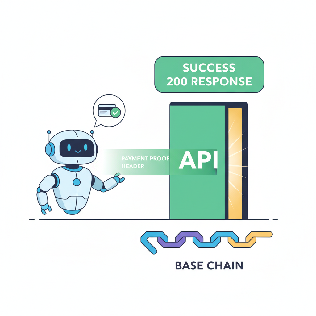 AI agent retrying API call with payment proof header success 200 response green unlocked API door Base chain