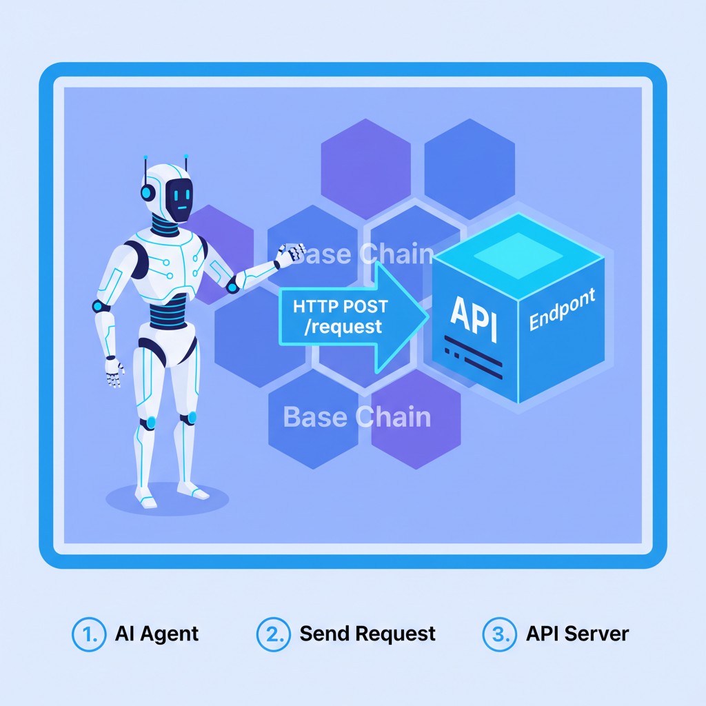 futuristic AI agent robot sending HTTP request arrow to API server glowing blue Base chain background