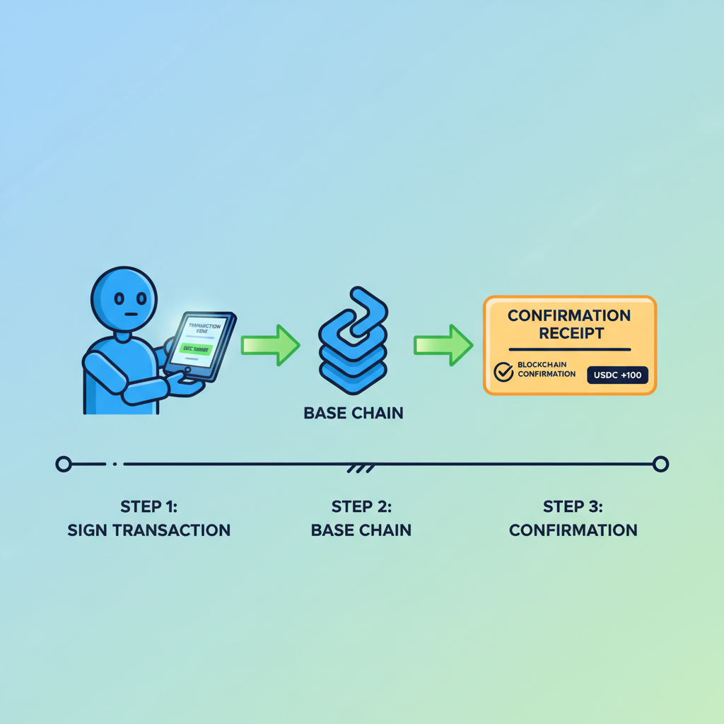 AI agent signing transaction viem Base chain USDC transfer arrow to blockchain confirmation receipt