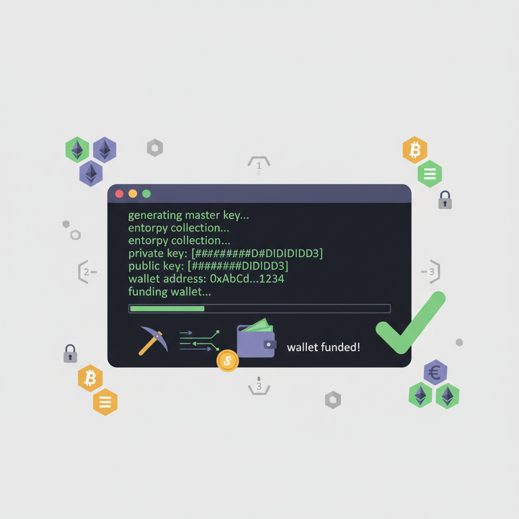 Command line terminal generating crypto keys, wallet funding animation, blockchain icons