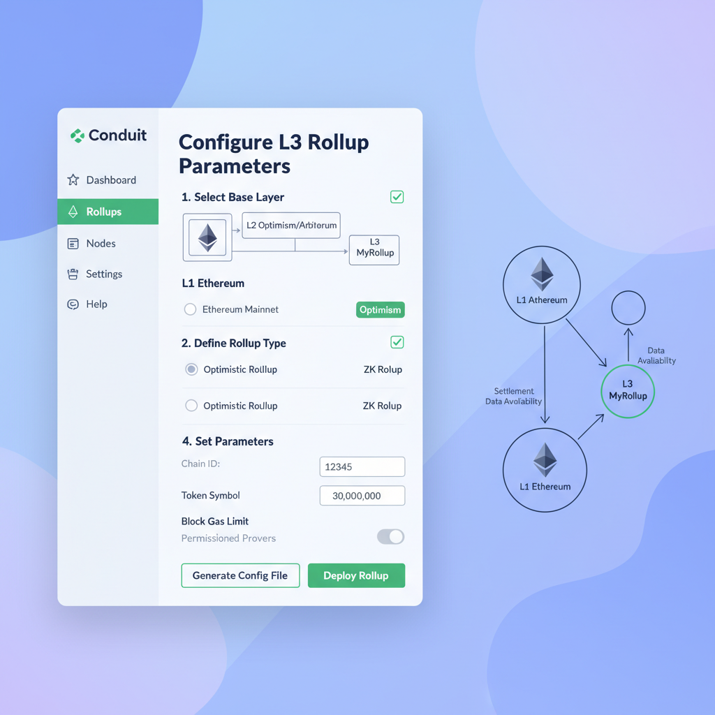 Conduit dashboard interface, configuring L3 rollup parameters, Ethereum layers diagram