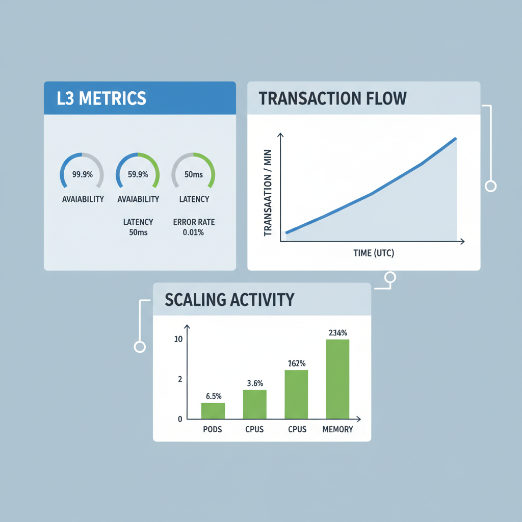 Monitoring dashboard with L3 metrics, graphs of transactions and scaling