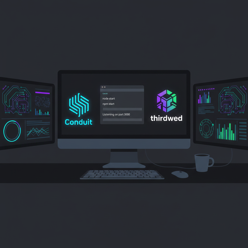 Developer workstation with Node.js terminal, Conduit and thirdweb logos glowing, dark mode UI