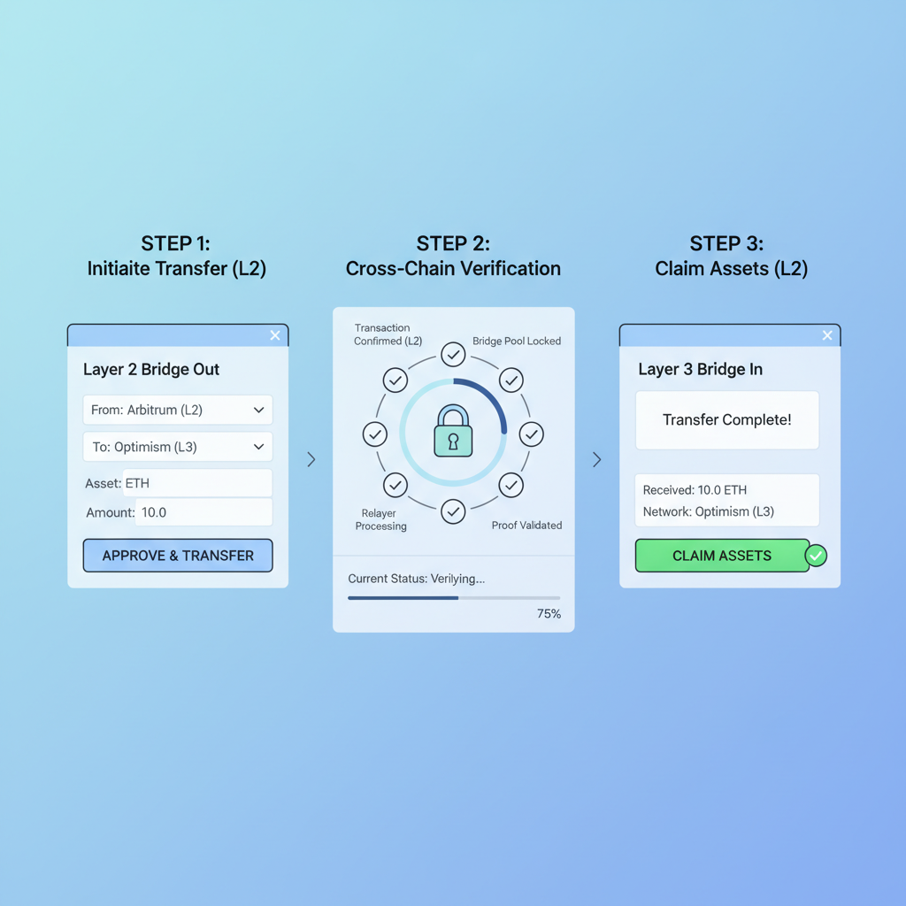Cross-chain bridge interface, assets transferring L2 to L3, verification dashboard