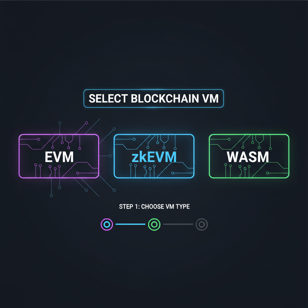 sleek dashboard interface selecting EVM zkEVM WASM blockchain VMs, futuristic UI neon glow