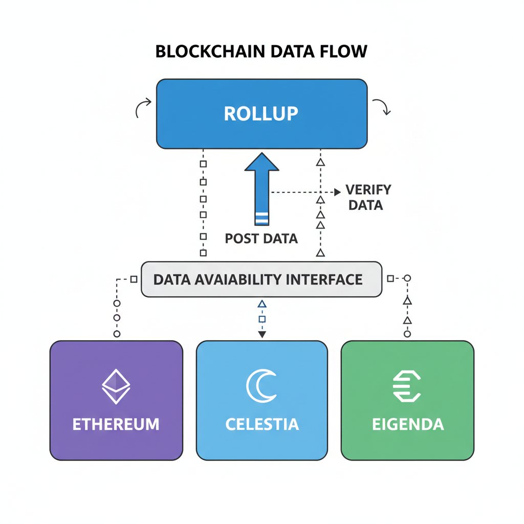 blockchain diagram showing Ethereum Celestia EigenDA data availability layers connected to rollup, abstract tech visualization