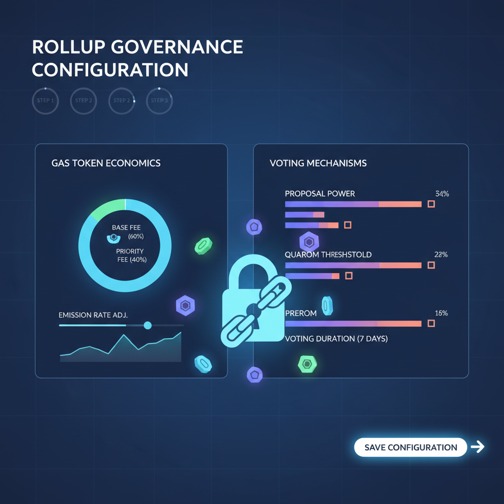 governance dashboard configuring gas token economics and voting mechanisms for rollup chain, charts and tokens glowing