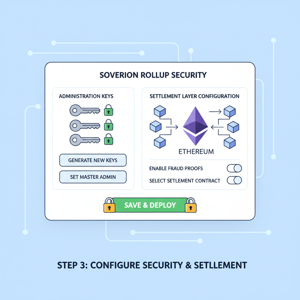 security dashboard setting admin keys and settlement layer for sovereign rollup blockchain, locks and Ethereum symbols