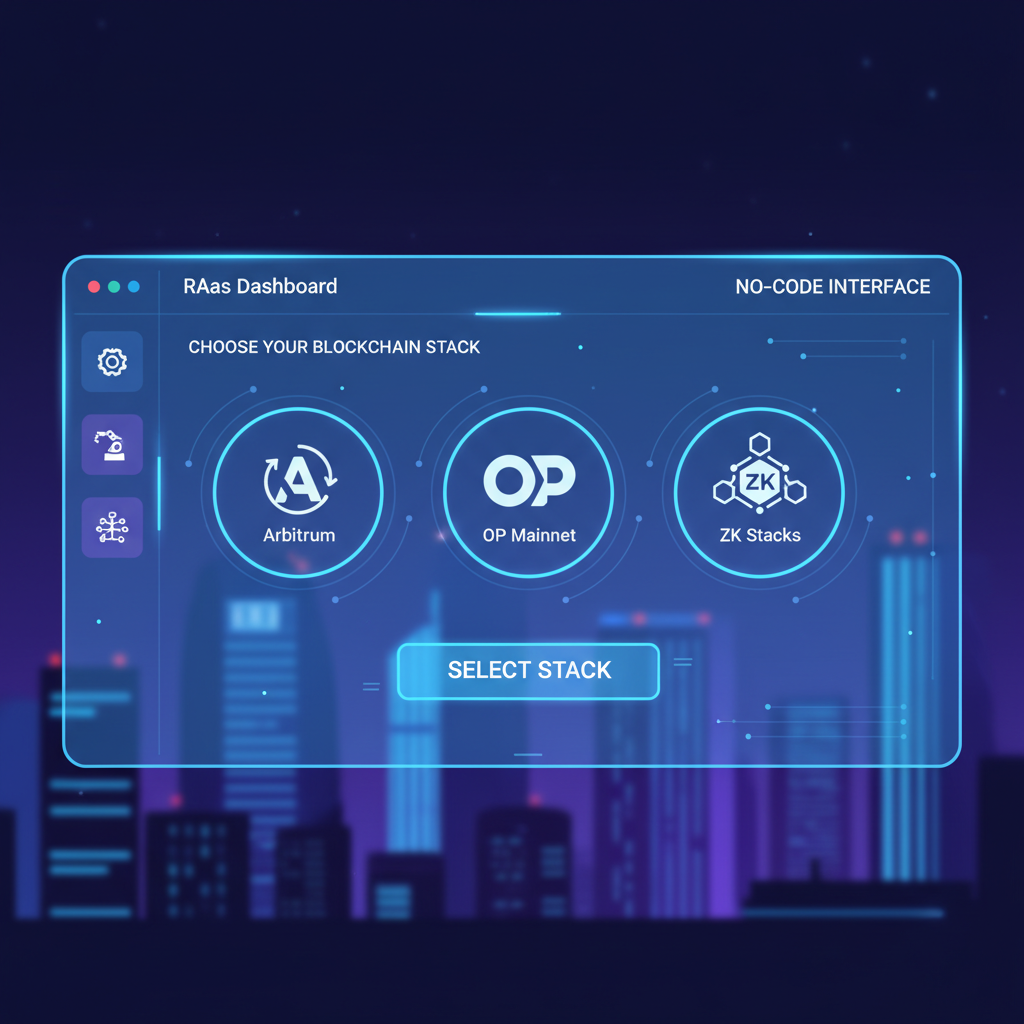 futuristic no-code RaaS dashboard screen selecting Arbitrum OP ZK stacks, clean UI neon blues, blockchain icons --ar 16:9