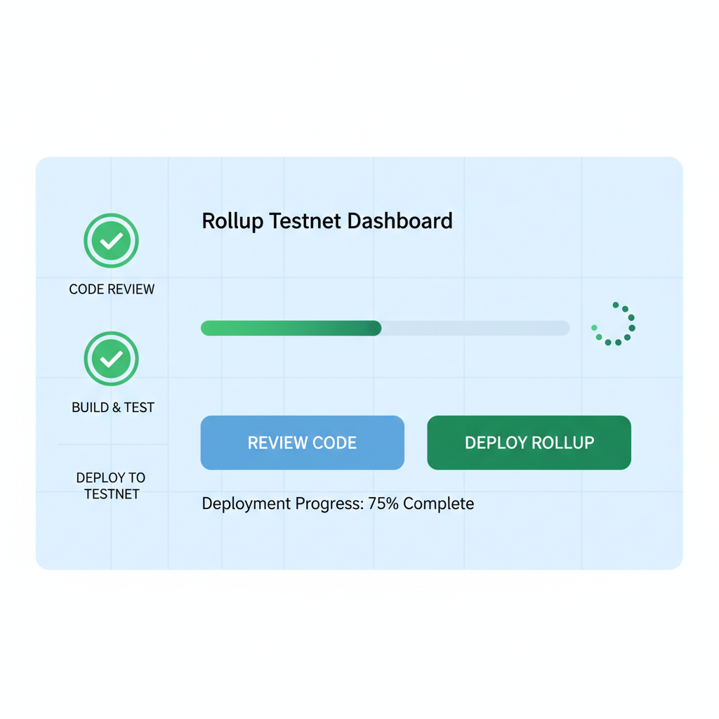 review and deploy button on rollup testnet dashboard, progress bar loading, green checkmarks success theme --ar 16:9