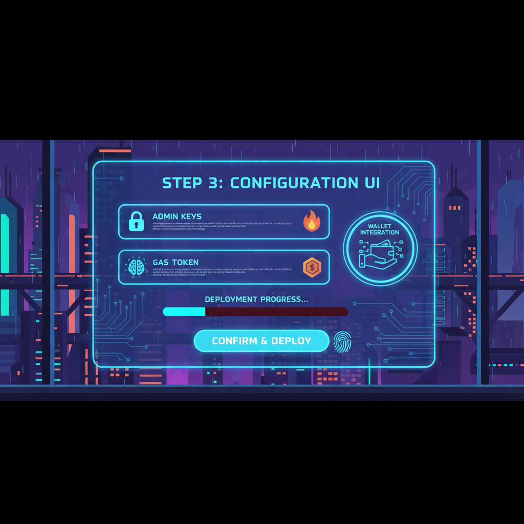 setting admin keys and gas token in rollup deployer UI, secure key icons wallet integration, cyberpunk style --ar 16:9