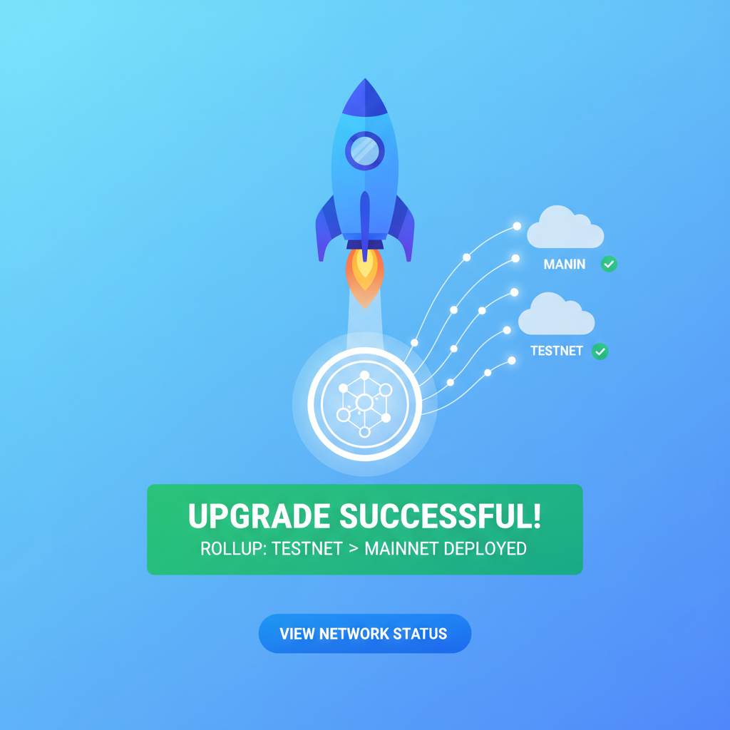 upgrading rollup from testnet to mainnet success screen, launch rocket animation blockchain network --ar 16:9
