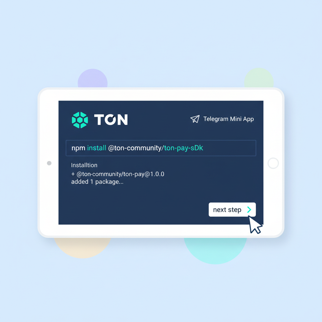 Clean code editor with npm install TON Pay SDK command, TON logo, Telegram Mini App interface