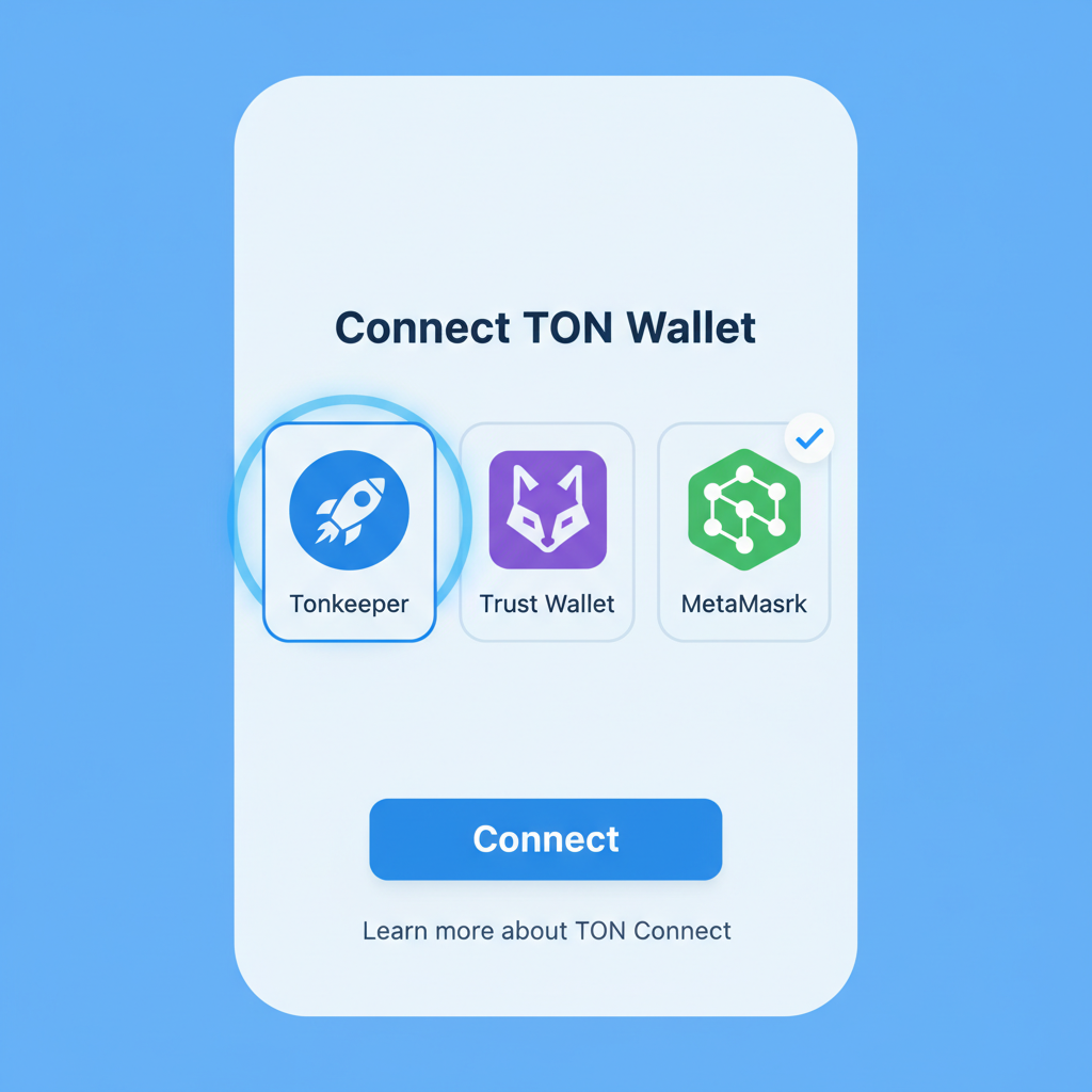 Telegram Mini App screen showing TON Connect wallet connection modal, user selecting wallet